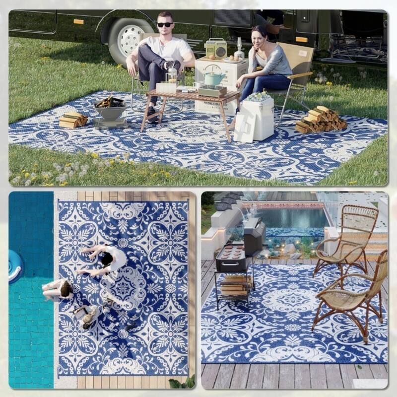 Reversible Outdoor Rug with Carry Bag Large Picnic Blanket for Camping, RV Trips, Beach - 143.7" L x 107.9" W