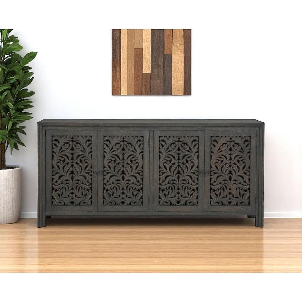 HomeRoots 78" Black Distressed Solid Wood Carved Floral Sideboard with Four Doors - 78.00 in. x 36.00 in. x 16.00 in.
