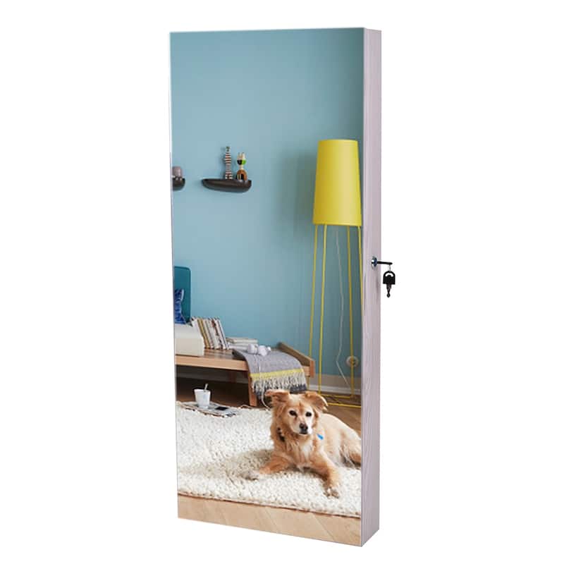 Whole Surface Mirror Wall Hanging Lockable White Jewelry Cabinet