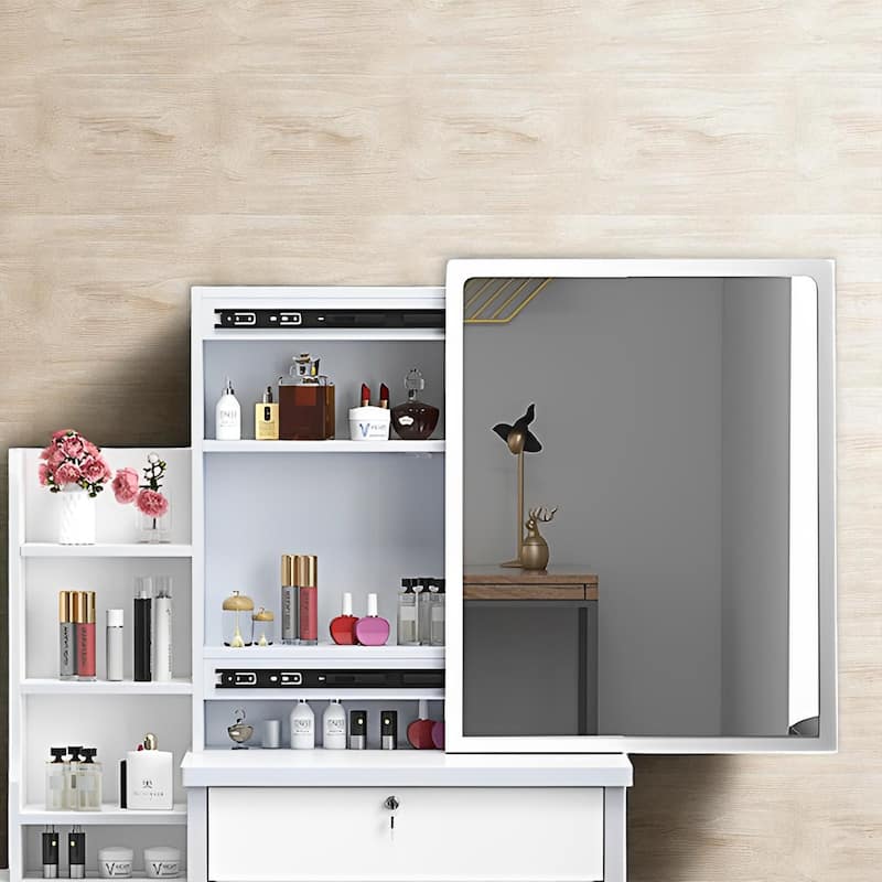 Vanity Desk with Mirror & LED Lights, 4 Drawers, Adjustable 3-Color Lighting, Chair & Shelves, Makeup Table Set