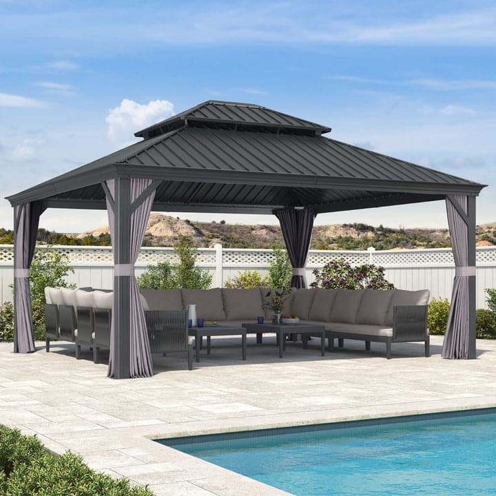 PURPLE LEAF Outdoor Galvanized Steel Hardtop Gazebo, Aluminum Frame Gazebo With Curtains - 14' x 16' NEW! - Gazebo Grey