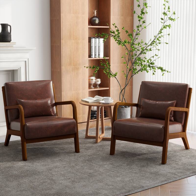 Upholstered Armchair Accent Chairs with Pillows Set of 2 - Brown Wood/PU Leather - Coffee/PU/Brown Wood