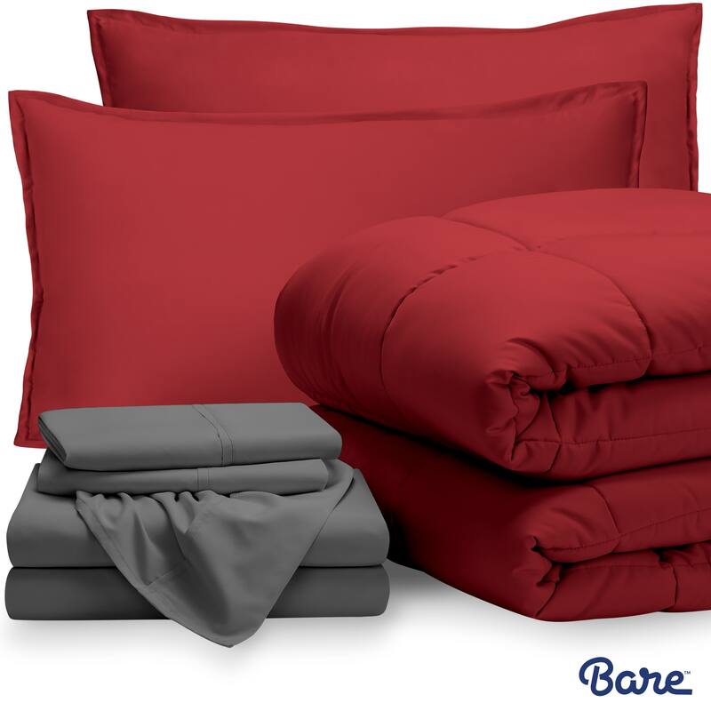 Bare Home Bed-in-a-Bag Down Alternative Comforter & Sheet Set - Red/Grey - King