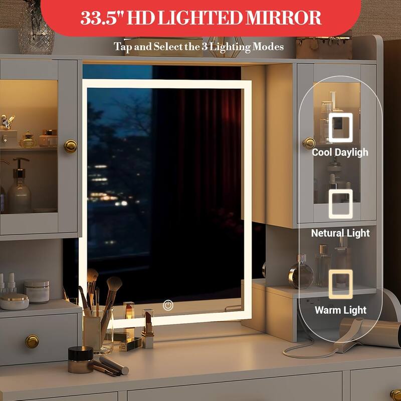 Makeup Vanity Desk with Mirror, LED Lights Dressing Table with Power Outlet