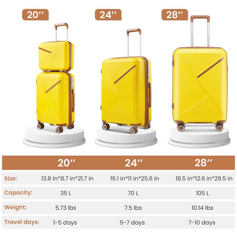 14/20/24/28 4-Piece, Modern Expandable Luggage Sets with 360 Mute Spinner Wheels and TSA Lock, for Boarding Travel, Yellow