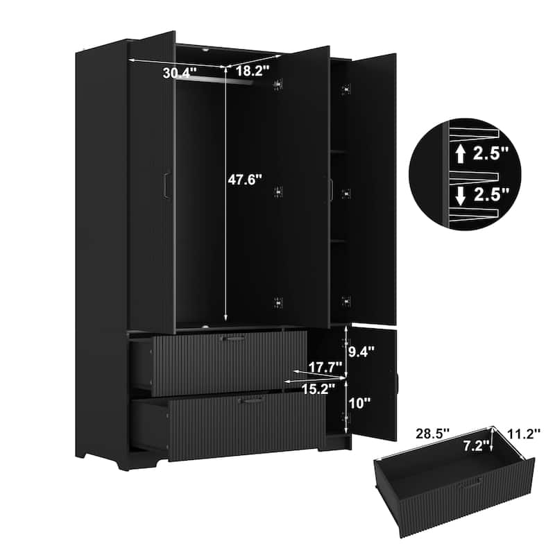 Black 4 Doors Wardrobe Closet Storage Cabinet with Mirror, Minimalist Armoire Closet with Hanging Rod