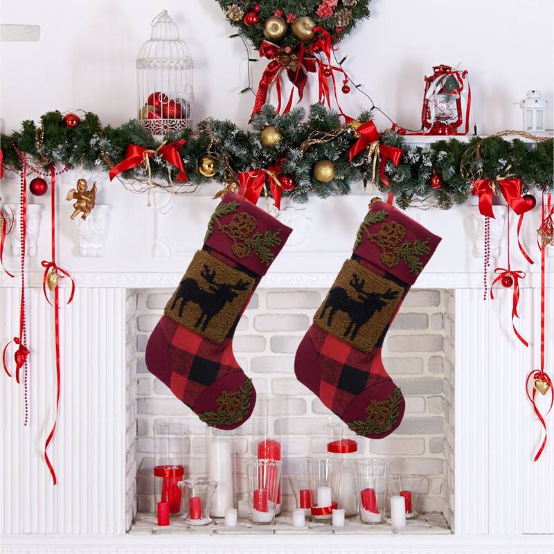 Glitzhome 19"L Plaid Hooked Stocking Reindeer Bear