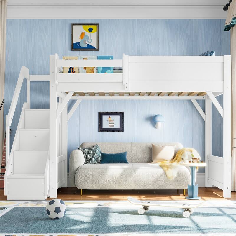 Roomfitters Loft Bed with Wardrobe and Storage Stairs, Solid Wood Frame with Bedside Shelves