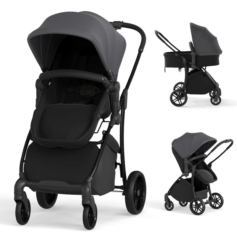 2 in 1 Metal Polyester Foldable Kids Stroller with Adjustable Seat - 38" × 22.5" × 41" - Black