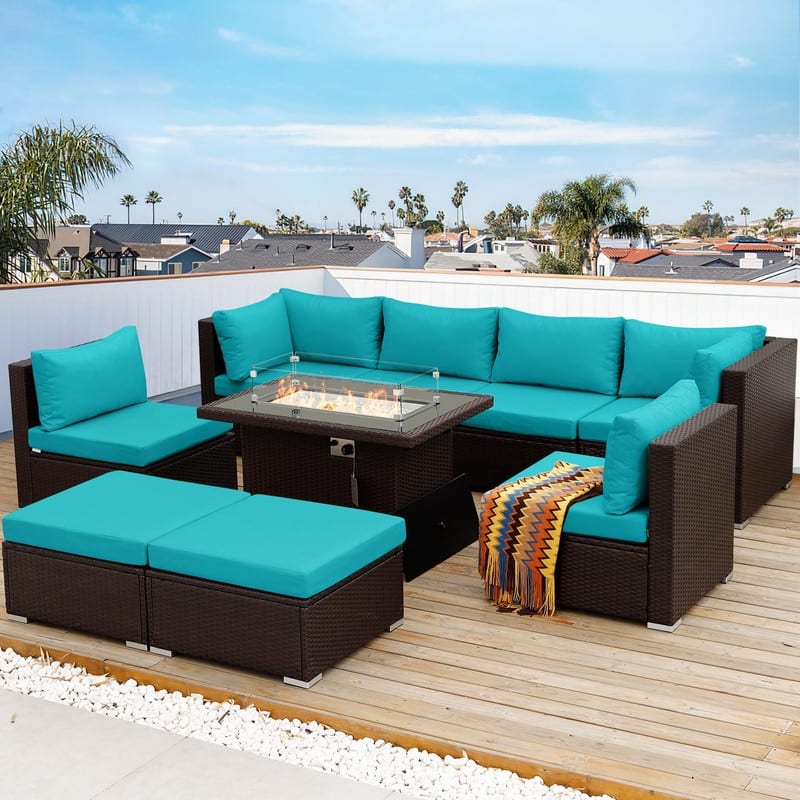 FINCATI Outdoor Wicker Patio Furniture Conversation Sectional Sofa Set - 9 PCS-B - Teal