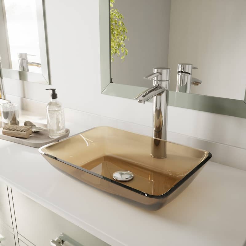 VIGO Donatello 18"L x 13"W x 4"H Glass Rectangular Vessel Bathroom Sink