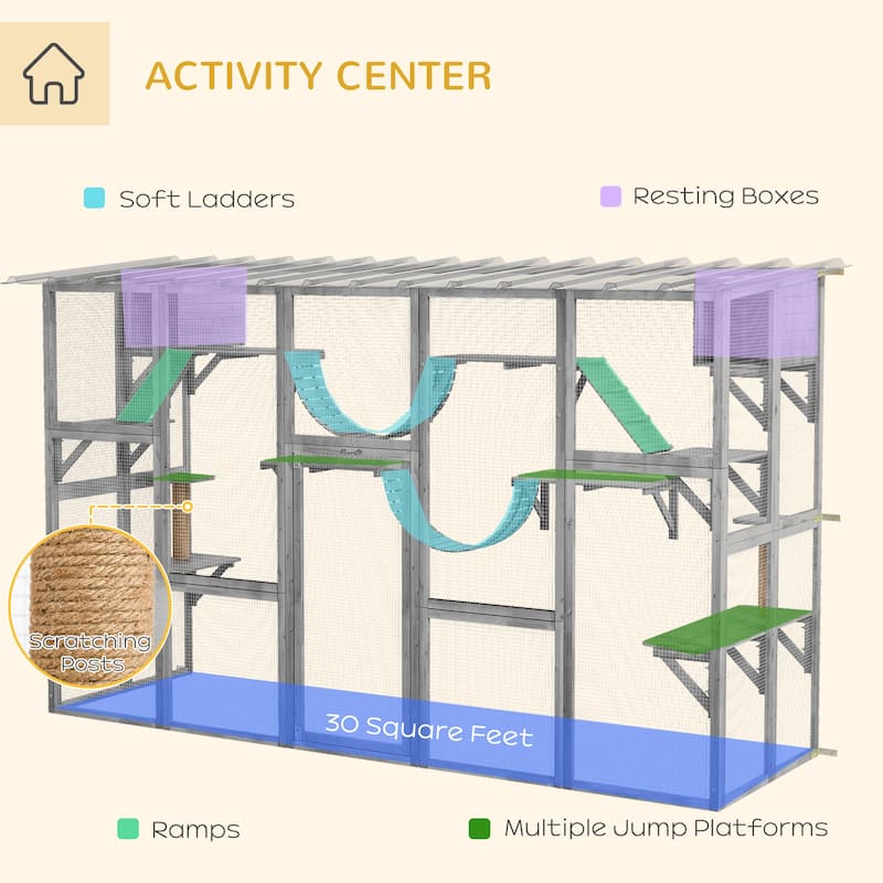 PawHut Catio Playground Outdoor Cat Enclosure Wooden Cat House Shelter