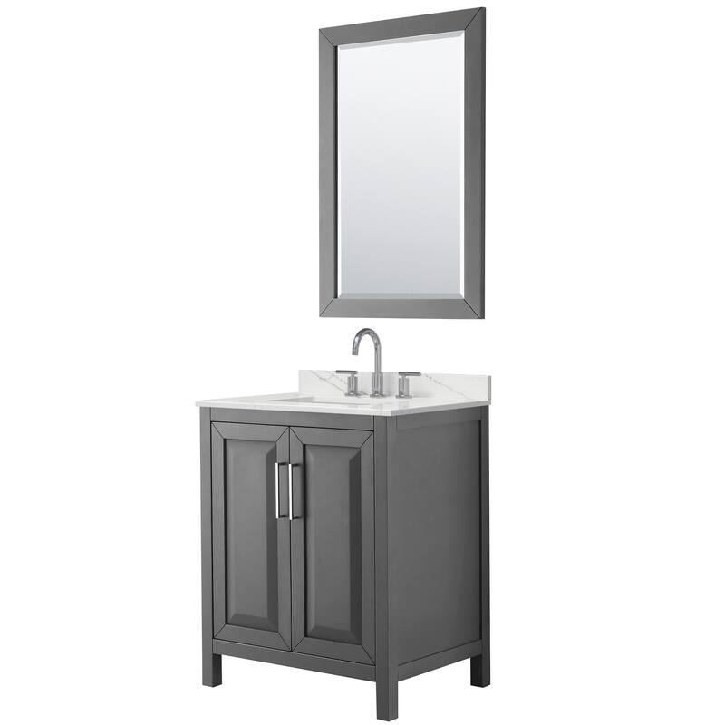 Daria 30-inch Single Vanity, 3 Hole Quartz Top, 24-inch Mirror - Dark Gray, Chrome Trim, Giotto Quartz Top