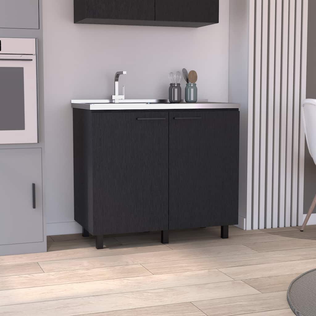 2-Door Freestanding Utility Base Cabinet with Stainless Steel Countertop, Black Finish, Large Shelf for Storage
