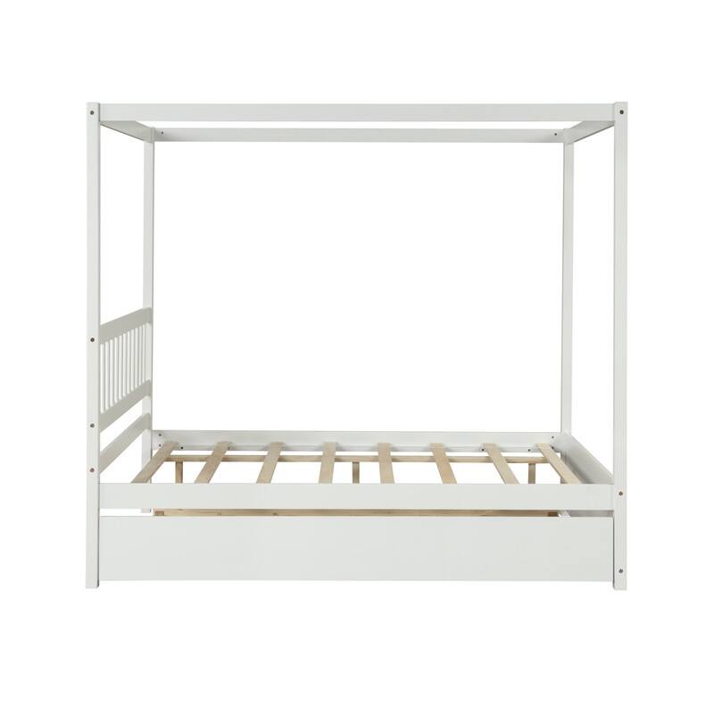 Full Size Canopy Bed with Twin Trundle, Kids Solid Wood Platform Bed Frame w/ Headboard, No Box Spring Needed
