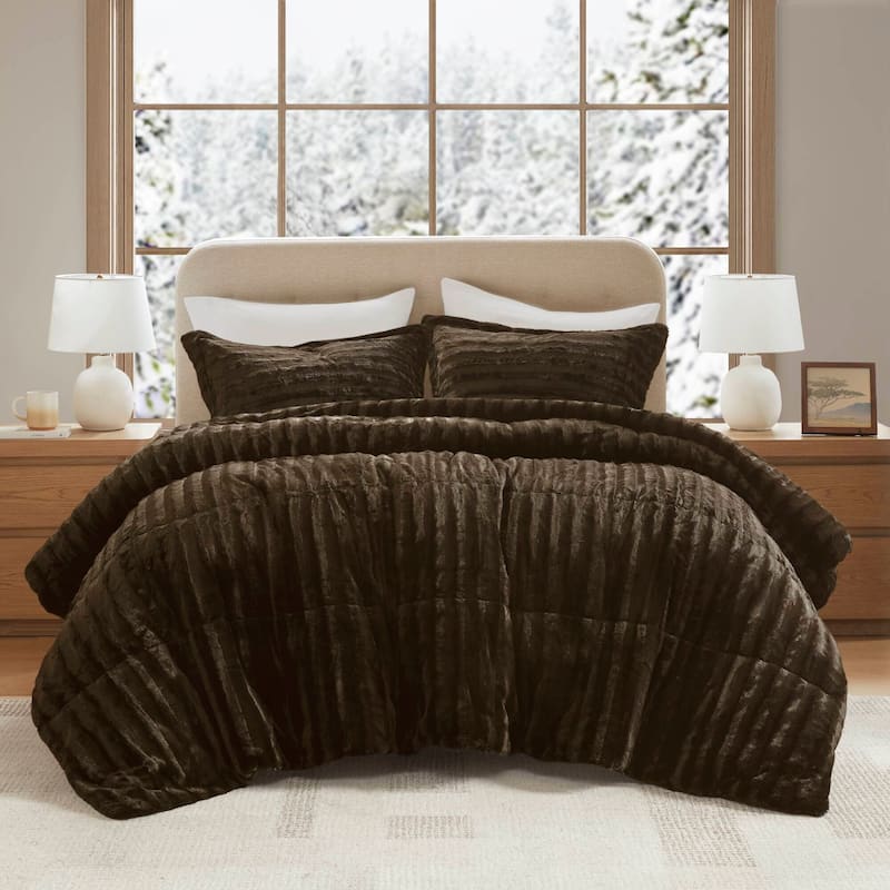 Madison Park York Faux Fur Comforter Mini Set - Chocolate - Queen