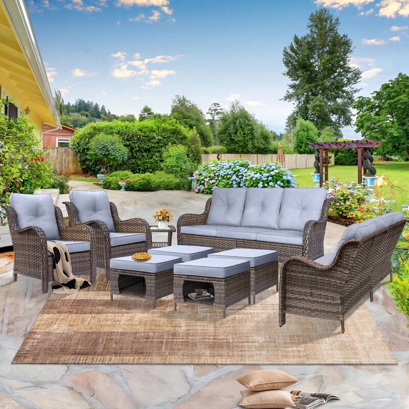 Wicker Outdoor Patio Furniture Seating Sofa Set with Storage Ottomans - 9 Piece - Grey