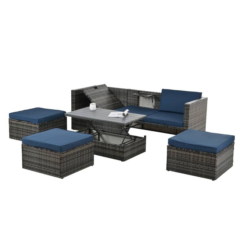 5 Piece Outdoor PE Wicker Sofa Set, Patio Conversation Furniture Set with Lift TOP Coffee Table and Lounger Sofa