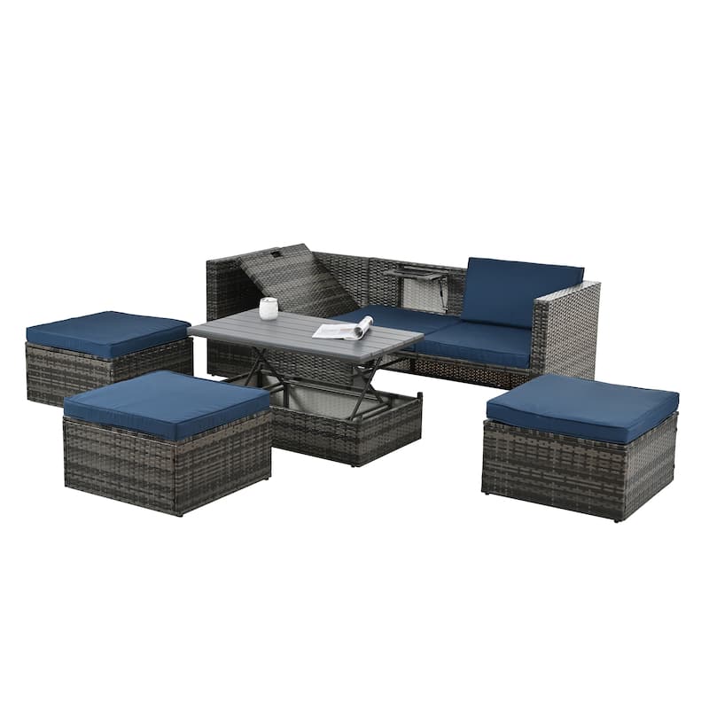 5 Pieces PE Wicker Outdoor Sectional Sofa Set with Lift-Top Coffee Table
