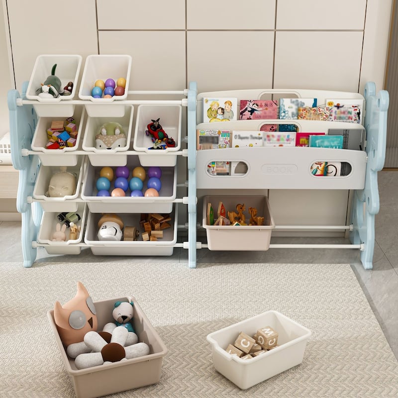 Kids Toy Storage Organizer, Toy Organizer with 2 Tier Bookshelf, Toy Storage with Shelf and 12 Toy Bins, Kids Bookshelf