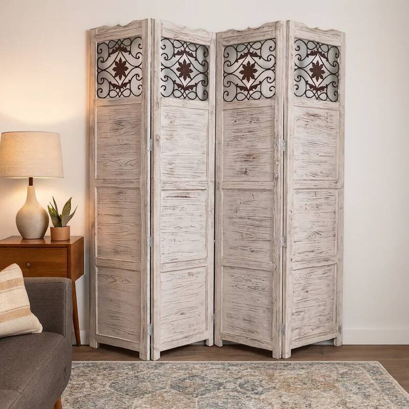 Wooden 4 Panel Screen with Textured Panels and Scrolled Details, White