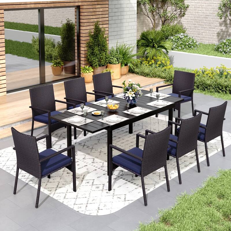 7/9 Patio Dining Set, Expendable Rectangular Outdoor Dining Table with Rattan Chairs