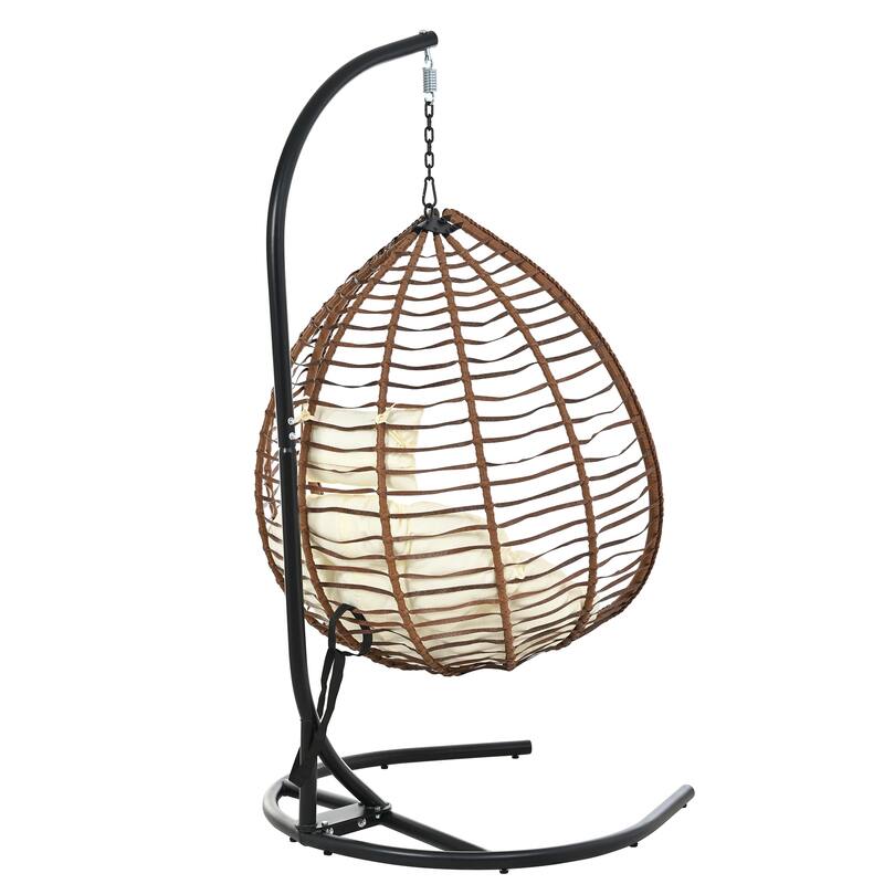 Foldable Rattan Hanging Hammock Chair with Stand and Plush Cushion for Indoor and Outdoor