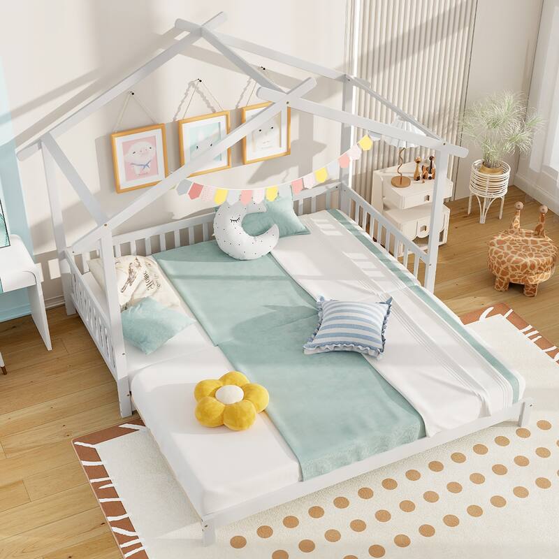 Gymax Wooden House Bed Twin to King Daybed w/ Safety Rails & Decorable
