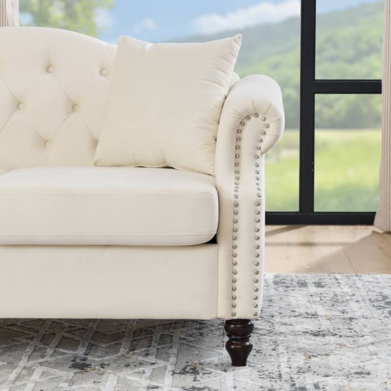 57" Chesterfield Sofa Grey Velvet for Living Room, 2 Seater Sofa Tufted Couch with Rolled Arms and Nailhead