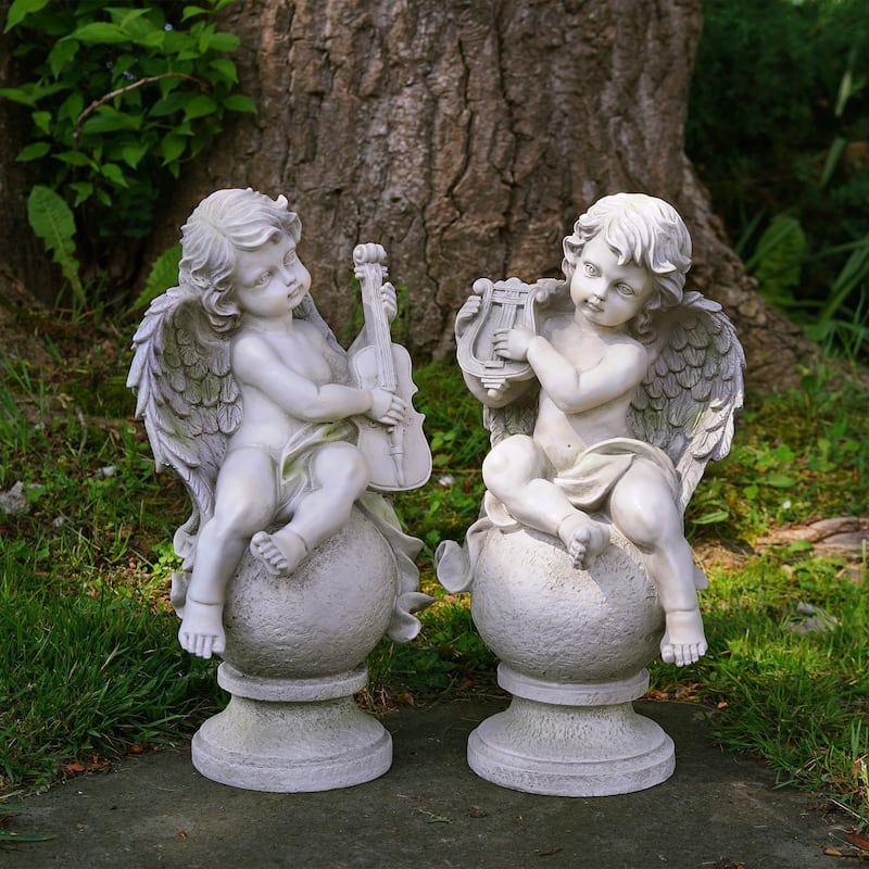 14.75" Set of 2 Cherub Angels with Instruments Outdoor Garden Statues