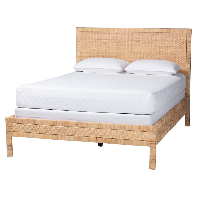 Kalimantan Natural Rattan Bed - Coastal Boho Style Bed Frame with Woven Detailing, Queen - Light Honey - Queen