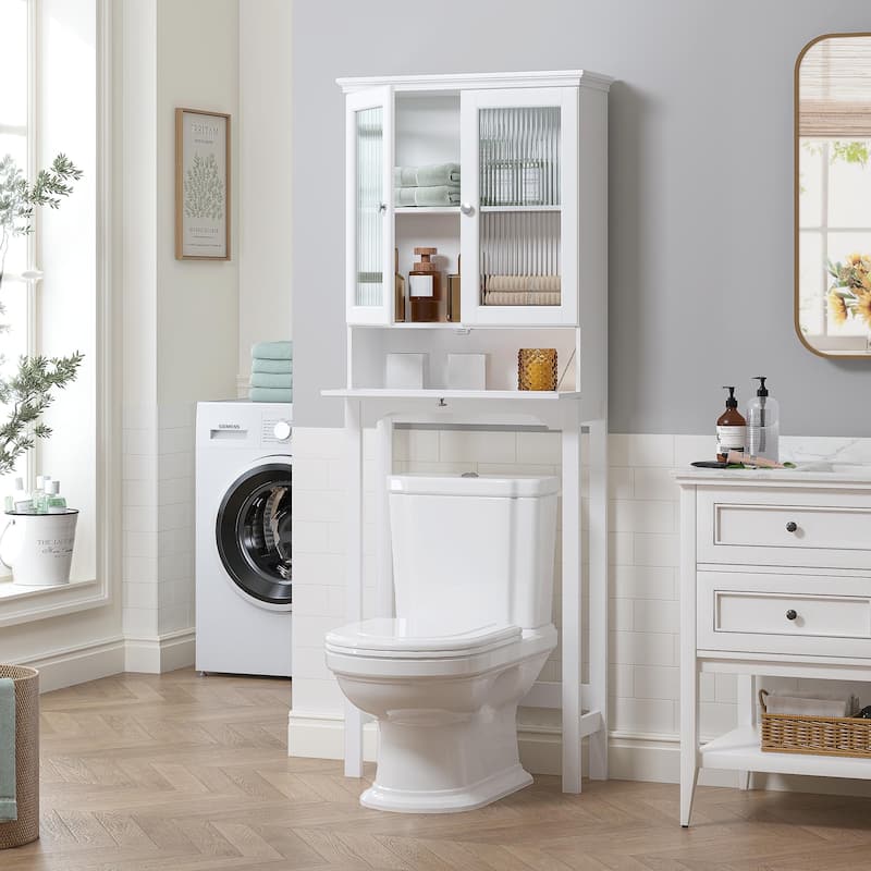 COSTARS Over-the-Toilet Storage Cabinet with Muro Glass Doors & Tilt-Out Cube, White