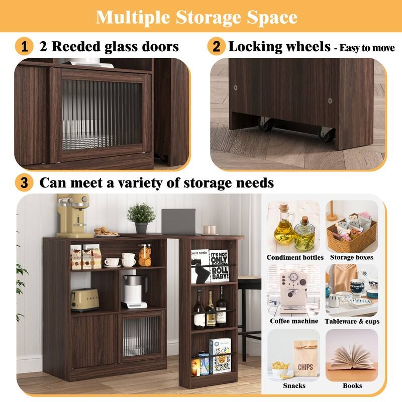 Walnut Modern Bar Cabinet with Rotating Top and Glass Doors