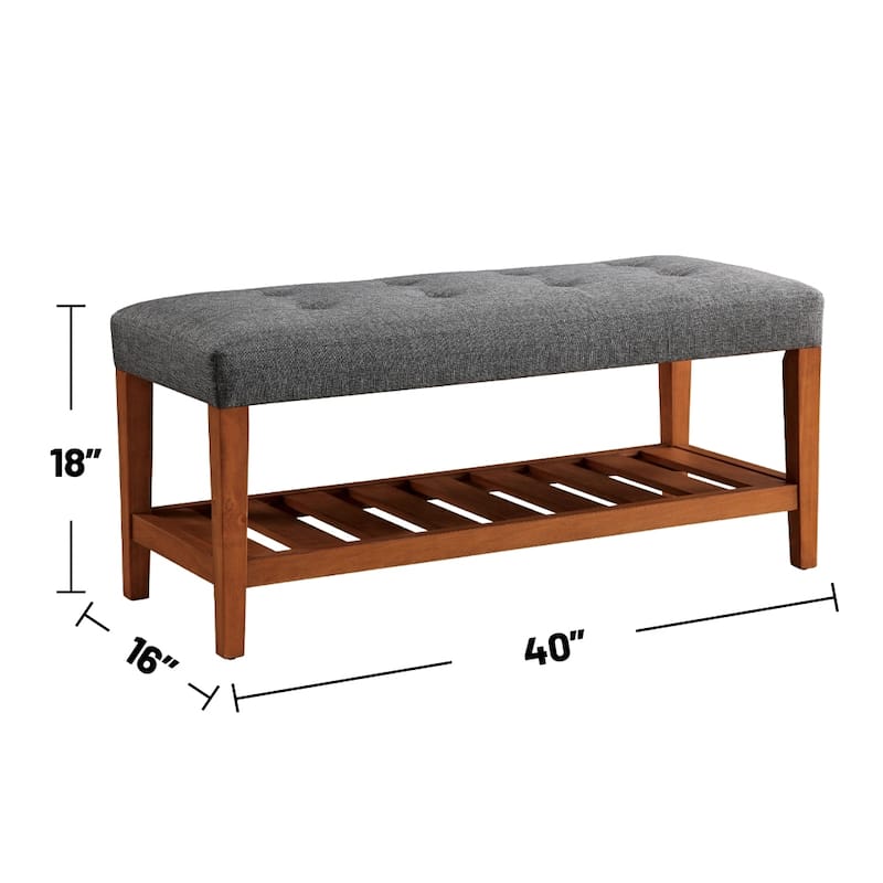 Fabric Upholstered Bench with Open Storage, Blue and Oak