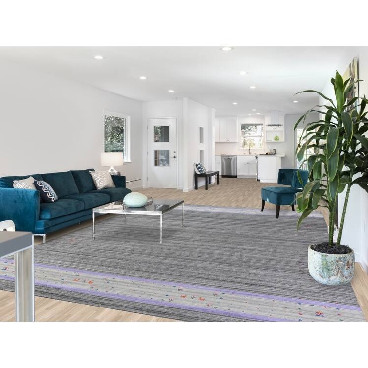 Hand Knotted Oriental 100% Wool Carpet Tribal Stripe Greys & Charcoal Gabbeh Area Rug - 12' 6'' X 9' 3''