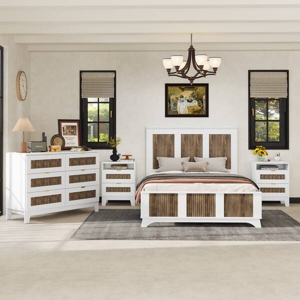 Roomfitters 4-Piece Bedroom Set Full/Queen Farmhouse Platform Bed with Wooden Strip Design, Nightstand, and Storage Dresser