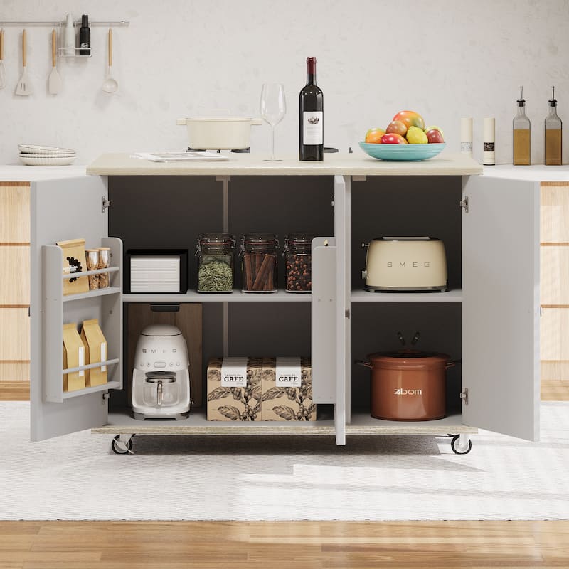 Modern 51.2" Kitchen Island with Drop Leaf and Handwoven Ash Veneer Doors, Internal Storage Racks on Wheels