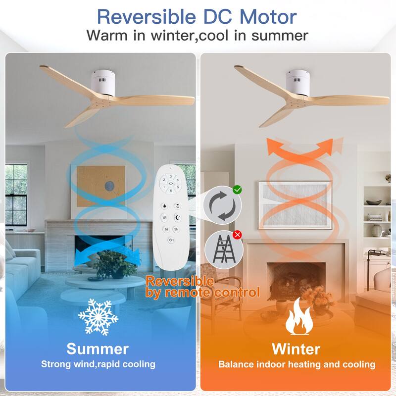 52In. Farmhouse Indoor Flush Mount Low Profile Ceiling Fan with Solid Wood Blades and Remote Control