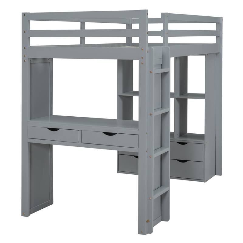 Full Size Loft Bed with large shelves, writing desk and LED Light