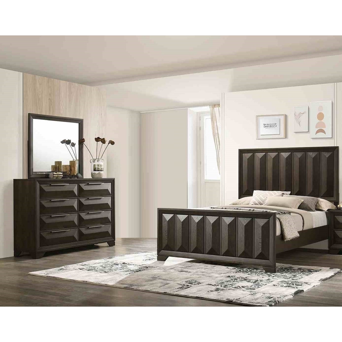 Classic Espresso Finish Bed Dresser Mirror 3pc Bedroom Furniture Set