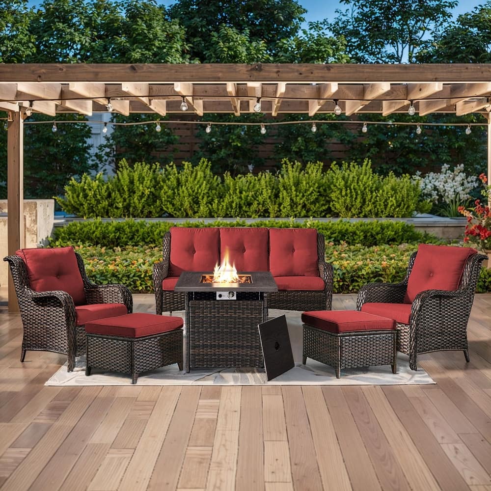 Gymojoy 6-Piece Outdoor Wicker Patio Furniture with Fire Pit Table, Rattan Coversation Set with Water Resistant Thick Cushions