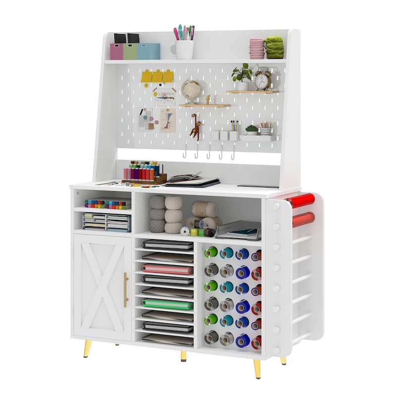 Moasis Craft Table with Storage Cabinet, USB Ports and AC Outlets, Crafting Organizer Compatible with Cricut Machine