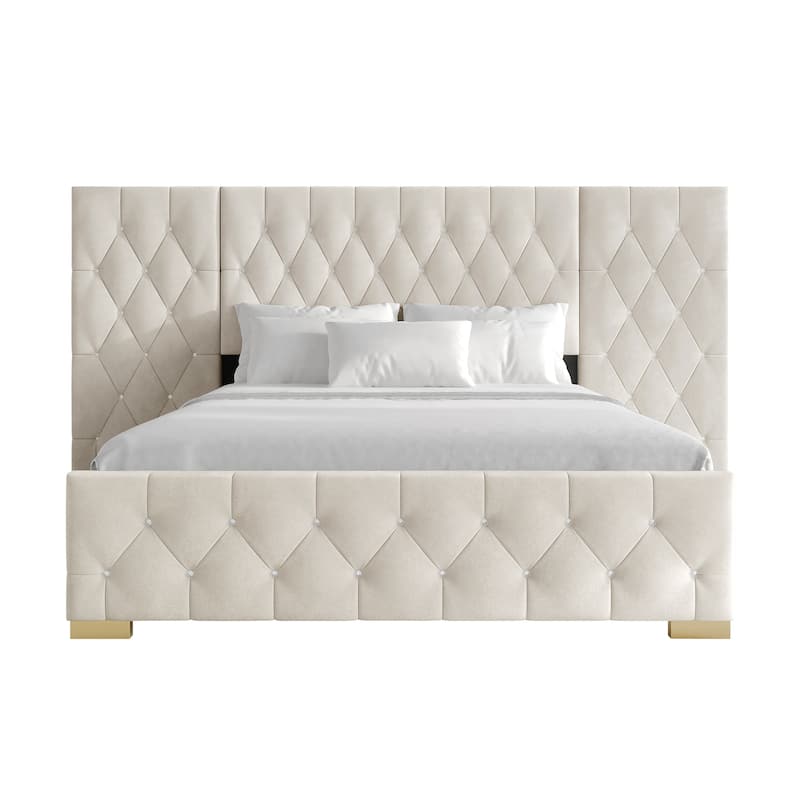 CraftPorch Luxurious Velvet Tufted Platform Bed with Wall Panels - Beige - King
