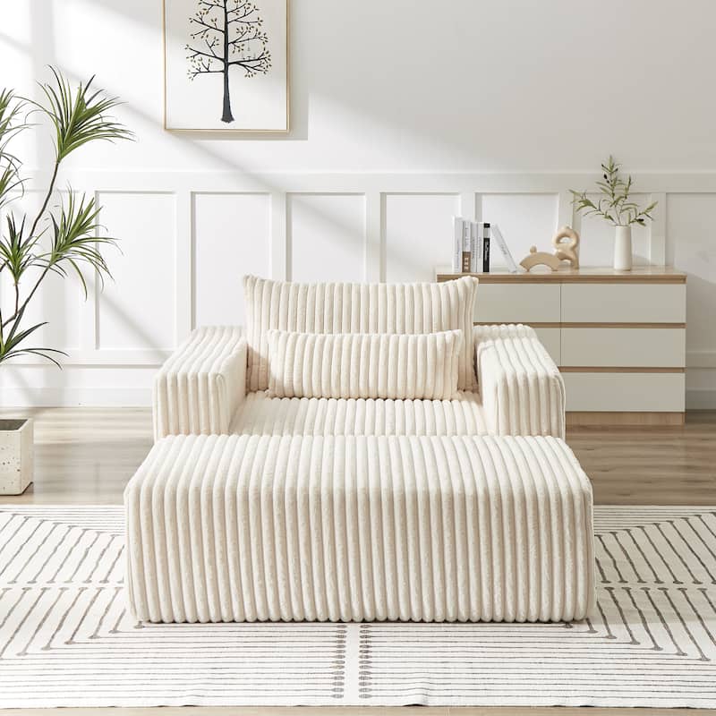 Roomfitters 62.5" Modern Corduroy Lounge Chair with Removable Ottoman, Stylish Sleeper Sofa with Pillows, for Living Room - Beige - 75 inch