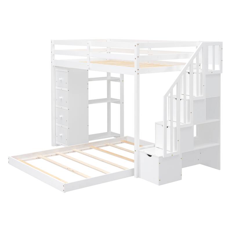 Space-Saving Twin Over Full Bunk Bed with Shelves, Drawers, and Storage Stairs in White