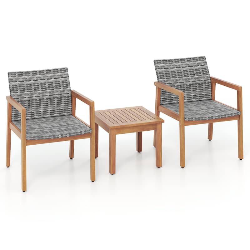 Gymax 3 Pieces Outdoor Furniture Set Acacia Wood Frame Sofa Set w/ - Mix Gray+Brown