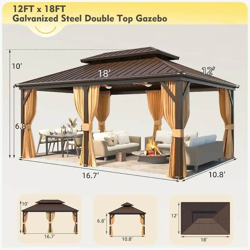 Outdoor Hardtop Gazebo w Curtains & Mesh, Double-Layer Galvanized Steel Roof, 12'x18' Aluminum Frame Outdoor Pergola w 3 Hooks