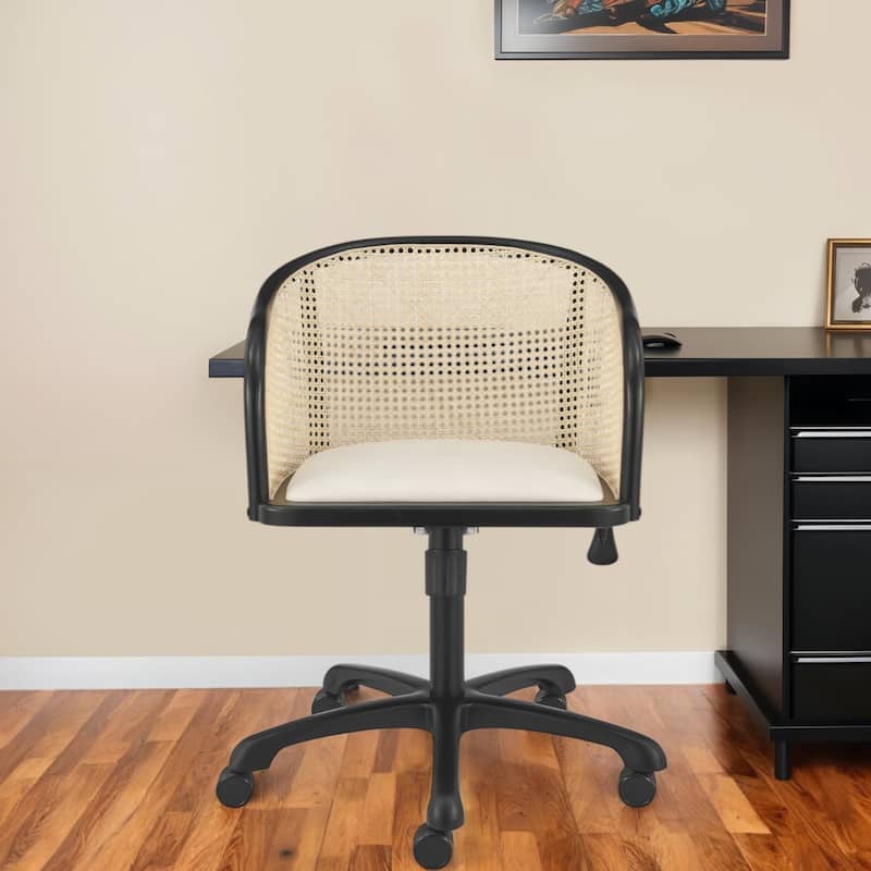 Beige and Black Solid Wood Steel And Cane Rattan Adjustable Swivel Rolling Office Chair - 22.5' X '33.5' X '26.5 - Black