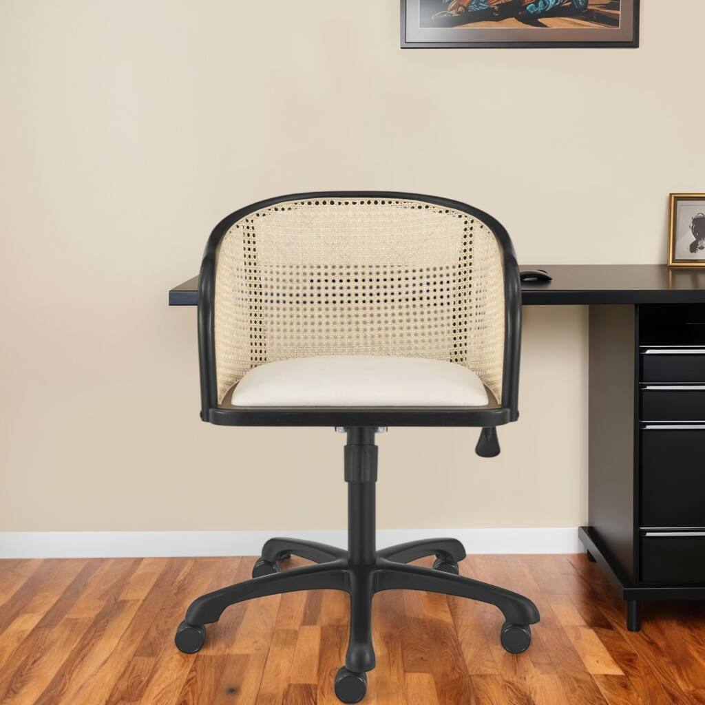 Beige and Black Solid Wood Steel And Cane Rattan Adjustable Swivel Rolling Office Chair - 22.5' X '33.5' X '26.5