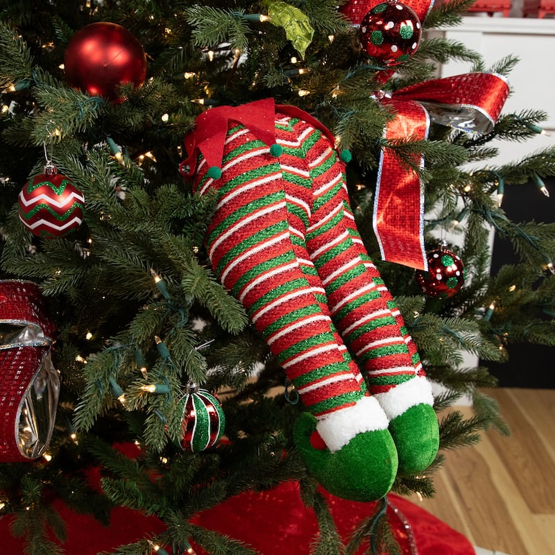 19" Red and Green Striped Elf Legs Christmas Decoration